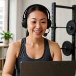 An asian woman in her 30s in fitness clothes inside an office with barbells in the back with a headset showing the back of a laptop-1