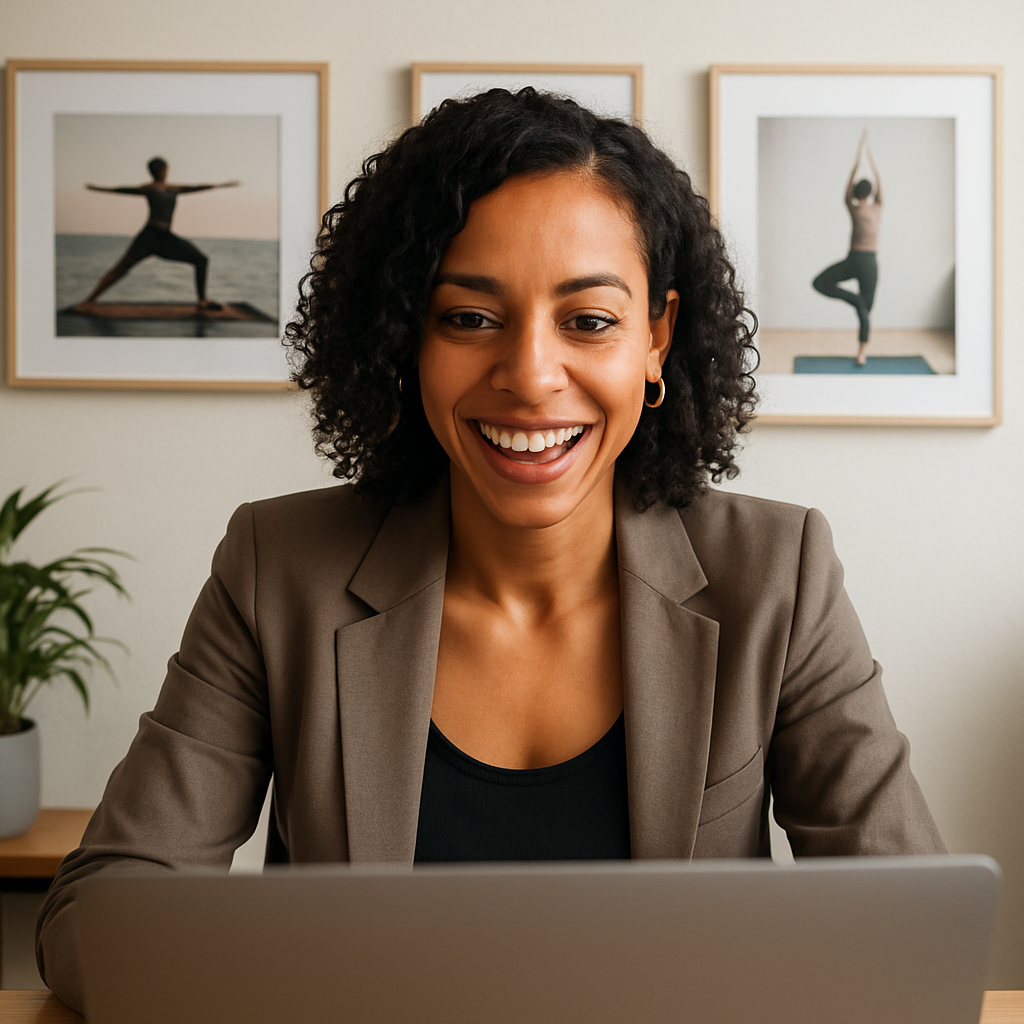a woman in a casual blazer in her  early 40s of color in a video call with an office with Yoga pictures hanging on the wall Shes fit and looks trendy