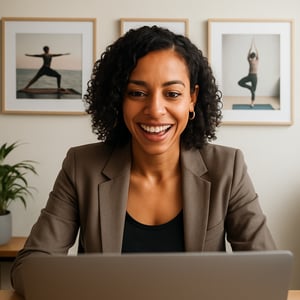 a woman in a casual blazer in her  early 40s of color in a video call with an office with Yoga pictures hanging on the wall Shes fit and looks trendy