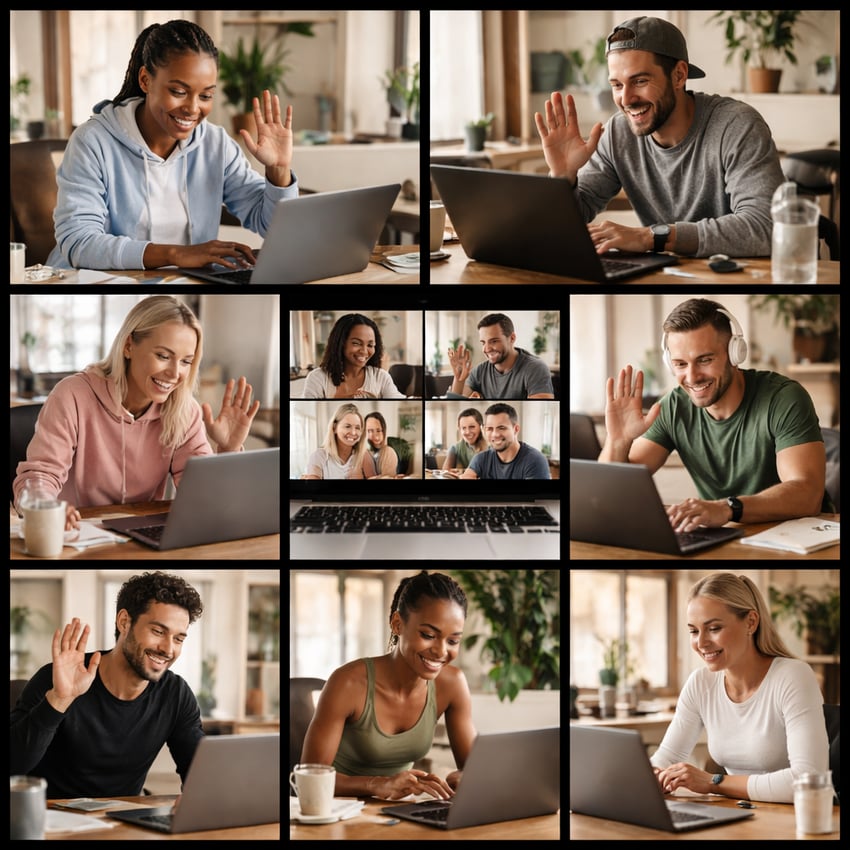 analogfilm a grid of pictures of people in active fitness clothes sweatshirts and tshirts in their office space and laptops having a video cal with ea-1 analogfilm a grid of pictures of people in active fitness clothes sweatshirts and tshirts in their office space and laptops having a video cal with ea-1