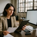 cinematic a woman in trendy business attire comparing a computer screen with a tablet with pilates equipment in the back-1 cinematic a woman in trendy business attire comparing a computer screen with a tablet with pilates equipment in the back-1